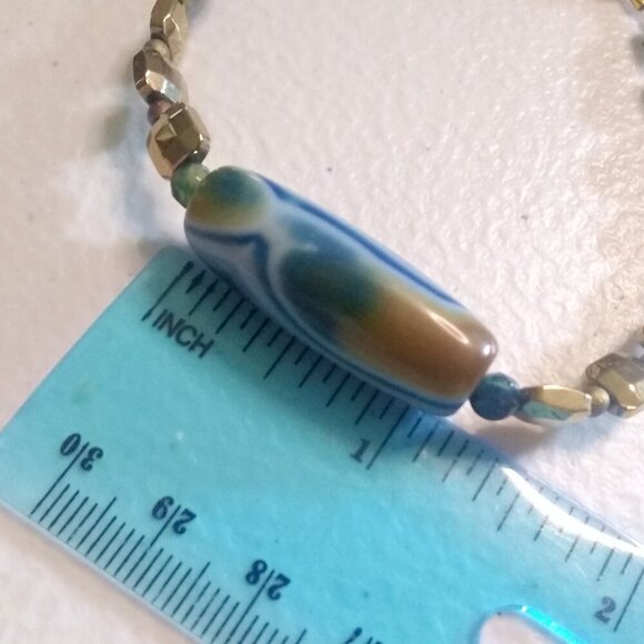 Banded Blue Agate Column & Sand Tile Bracelet! Beachy Coastal Ocean + Sand Hues - Picture 7 of 9